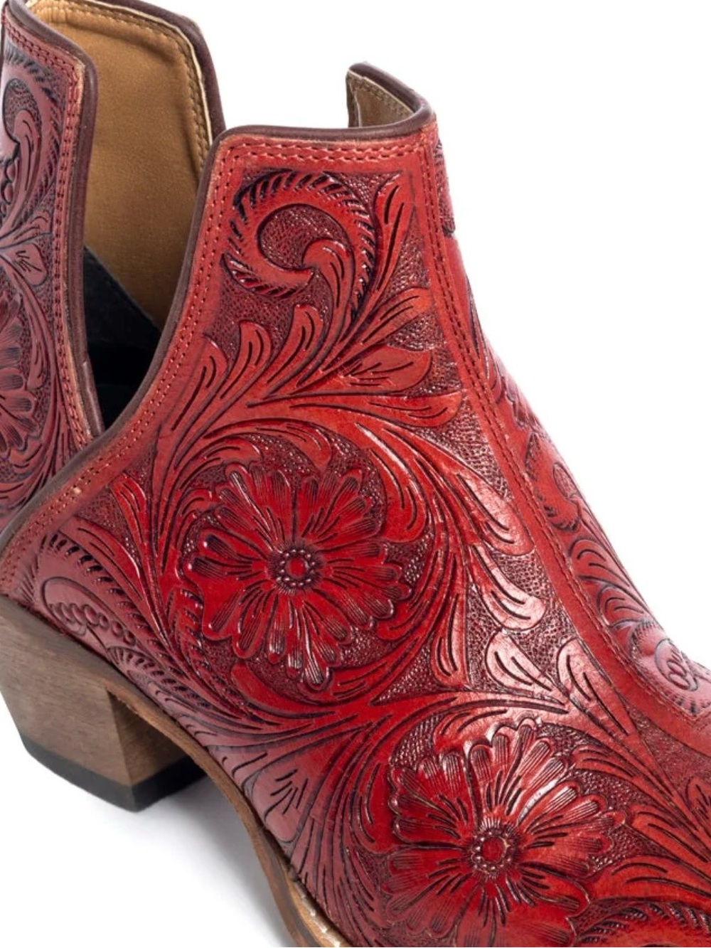 Myra Bag Red Tooled Floral Leather Ankle Booties - Sculpted Western Design